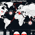 ** A complex global supply chain map visualized with interconnected nodes representing suppliers, manufacturers, and distributors. Highlight potential disruption points with warning symbols. Style: Clean, infographic style with a touch of realism.

**