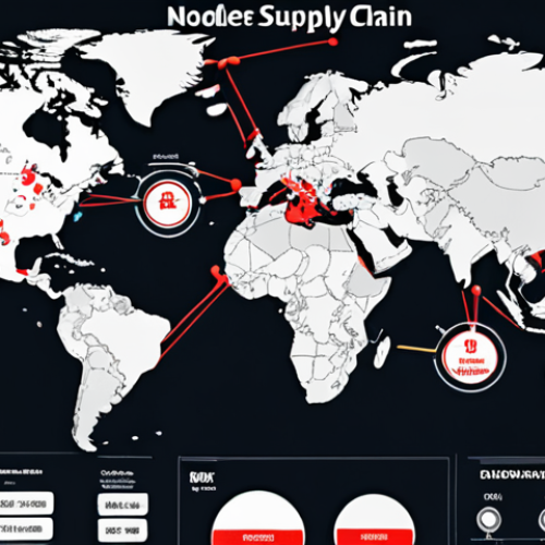 ** A complex global supply chain map visualized with interconnected nodes representing suppliers, manufacturers, and distributors. Highlight potential disruption points with warning symbols. Style: Clean, infographic style with a touch of realism.

**