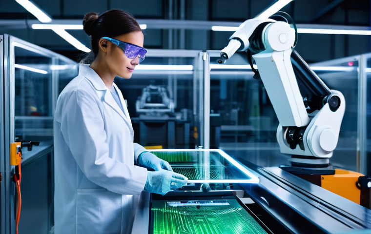 산업공학과 로보틱스 - **Prompt:** A state-of-the-art, brightly lit smart factory floor where a skilled engineer, wearing a...