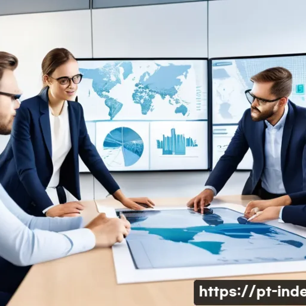 산업공학과 네트워크 최적화 - A detailed professional office scene showing a team of diverse logistics managers collaborating arou...