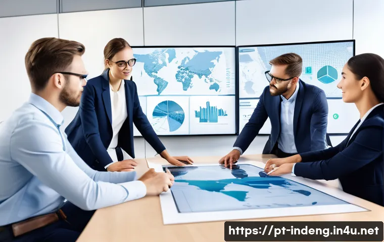 산업공학과 네트워크 최적화 - A detailed professional office scene showing a team of diverse logistics managers collaborating arou...