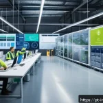 산업공학과 지속 가능 경영 - A modern industrial factory interior showcasing advanced IoT sensors and automation technology in ac...
