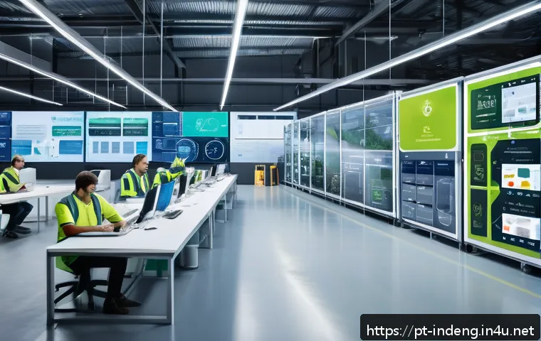 산업공학과 지속 가능 경영 - A modern industrial factory interior showcasing advanced IoT sensors and automation technology in ac...