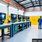 산업공학과 제조공학 - A modern Brazilian factory interior showcasing intelligent automation with collaborative robots work...