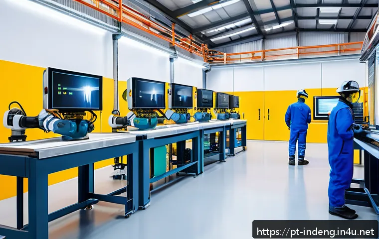 산업공학과 제조공학 - A modern Brazilian factory interior showcasing intelligent automation with collaborative robots work...