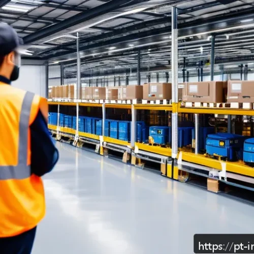 산업공학 SCM  공급망 관리 - A modern logistics warehouse interior featuring intelligent automation technology: collaborative rob...