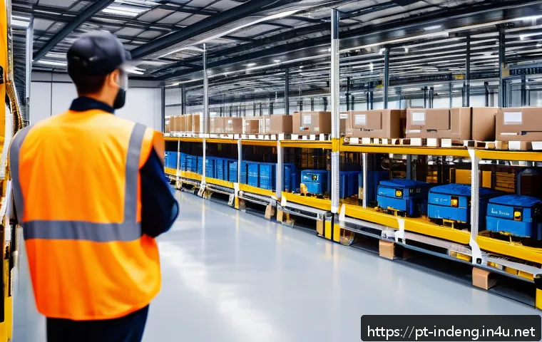 산업공학 SCM 공급망 관리 - A modern logistics warehouse interior featuring intelligent automation technology: collaborative rob...