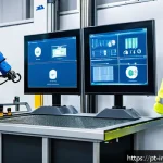 산업공학과 4차 산업혁명 - A modern Brazilian industrial factory floor featuring collaborative robots (cobots) working seamless...