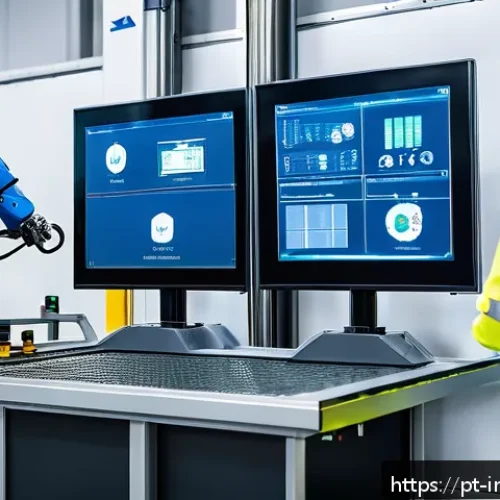산업공학과 4차 산업혁명 - A modern Brazilian industrial factory floor featuring collaborative robots (cobots) working seamless...