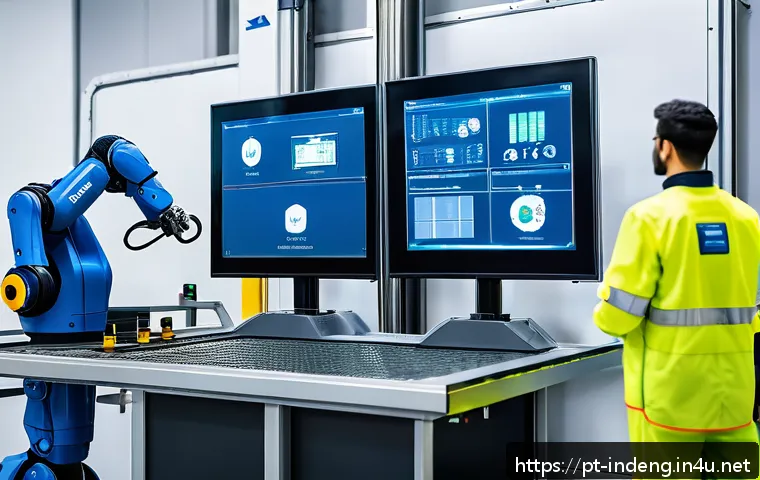 산업공학과 4차 산업혁명 - A modern Brazilian industrial factory floor featuring collaborative robots (cobots) working seamless...